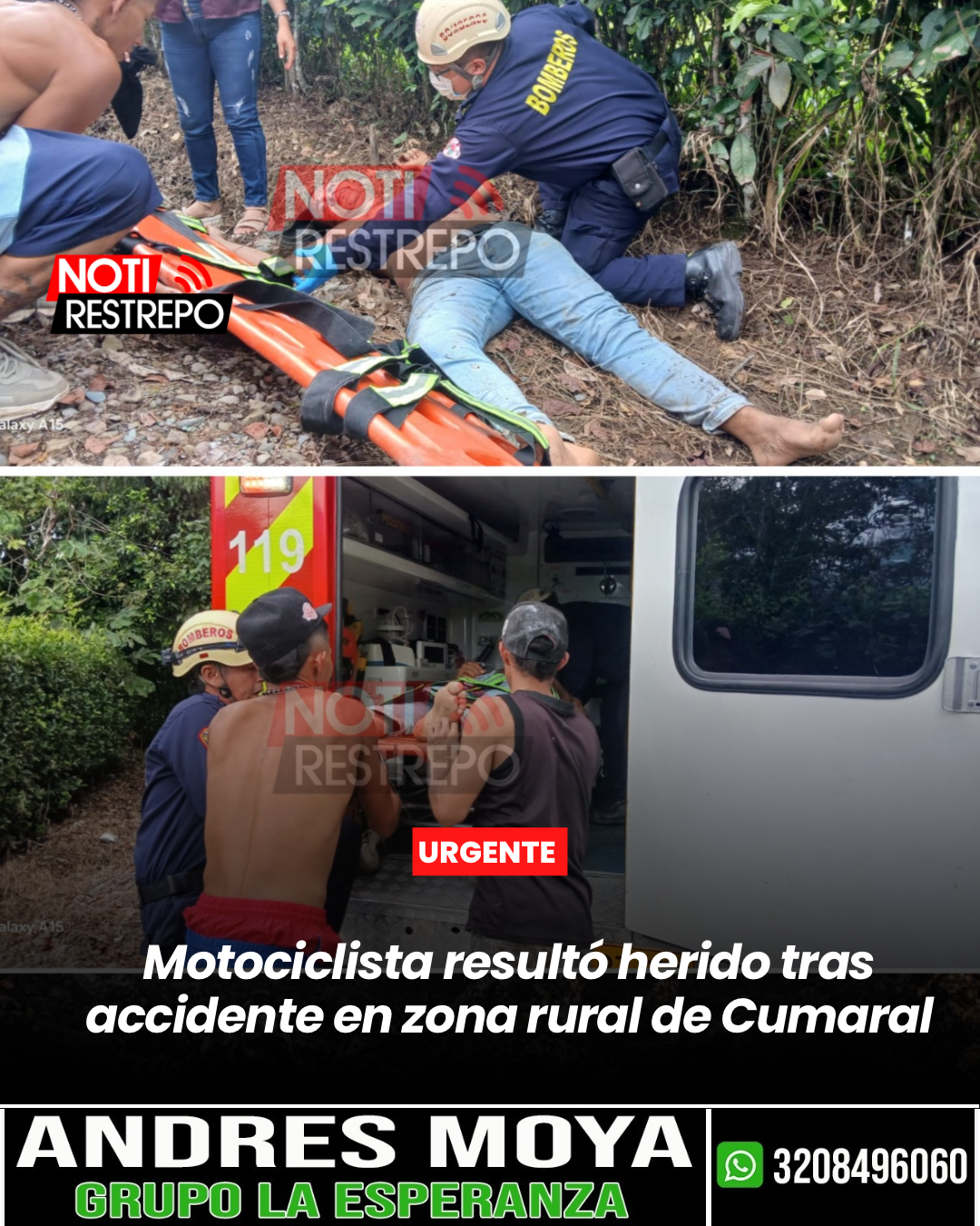 Motociclista resultó herido tras accidente en zona rural de Cumaral