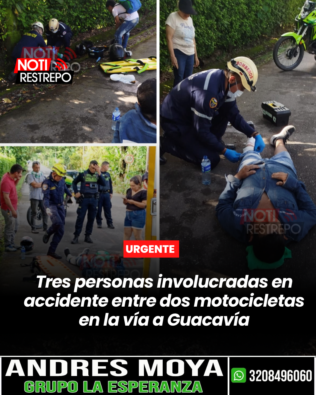 Tres personas involucradas en accidente entre dos motocicletas en la vía a Guacavía