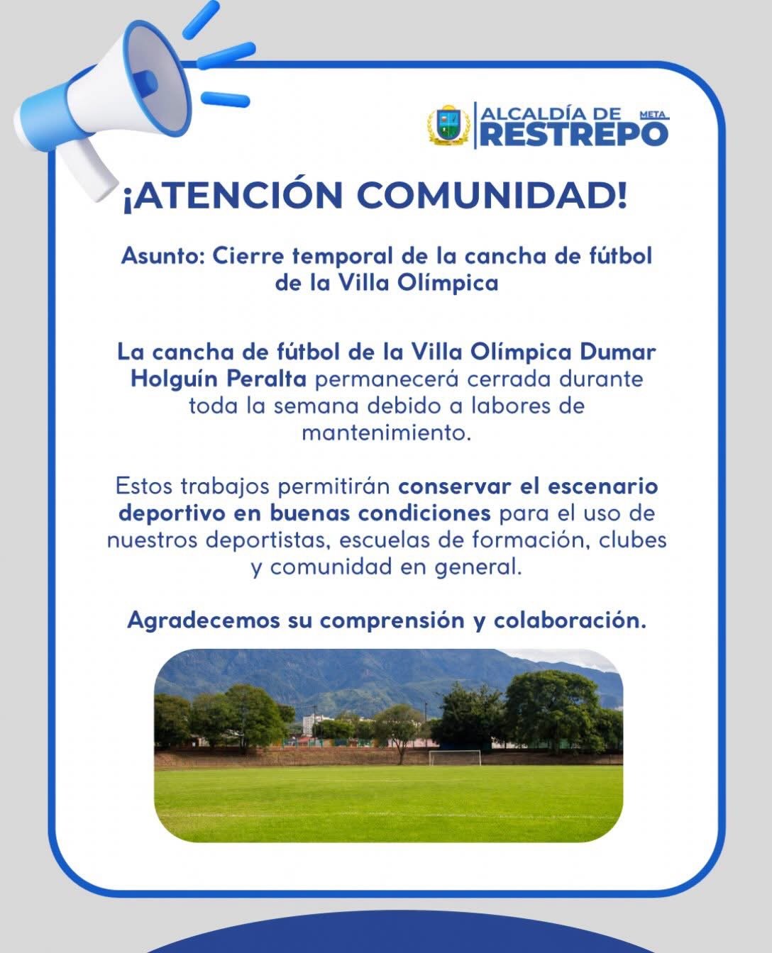 Cancha de fútbol de la Villa Olímpica permanecerá cerrada durante esta semana por mantenimiento
