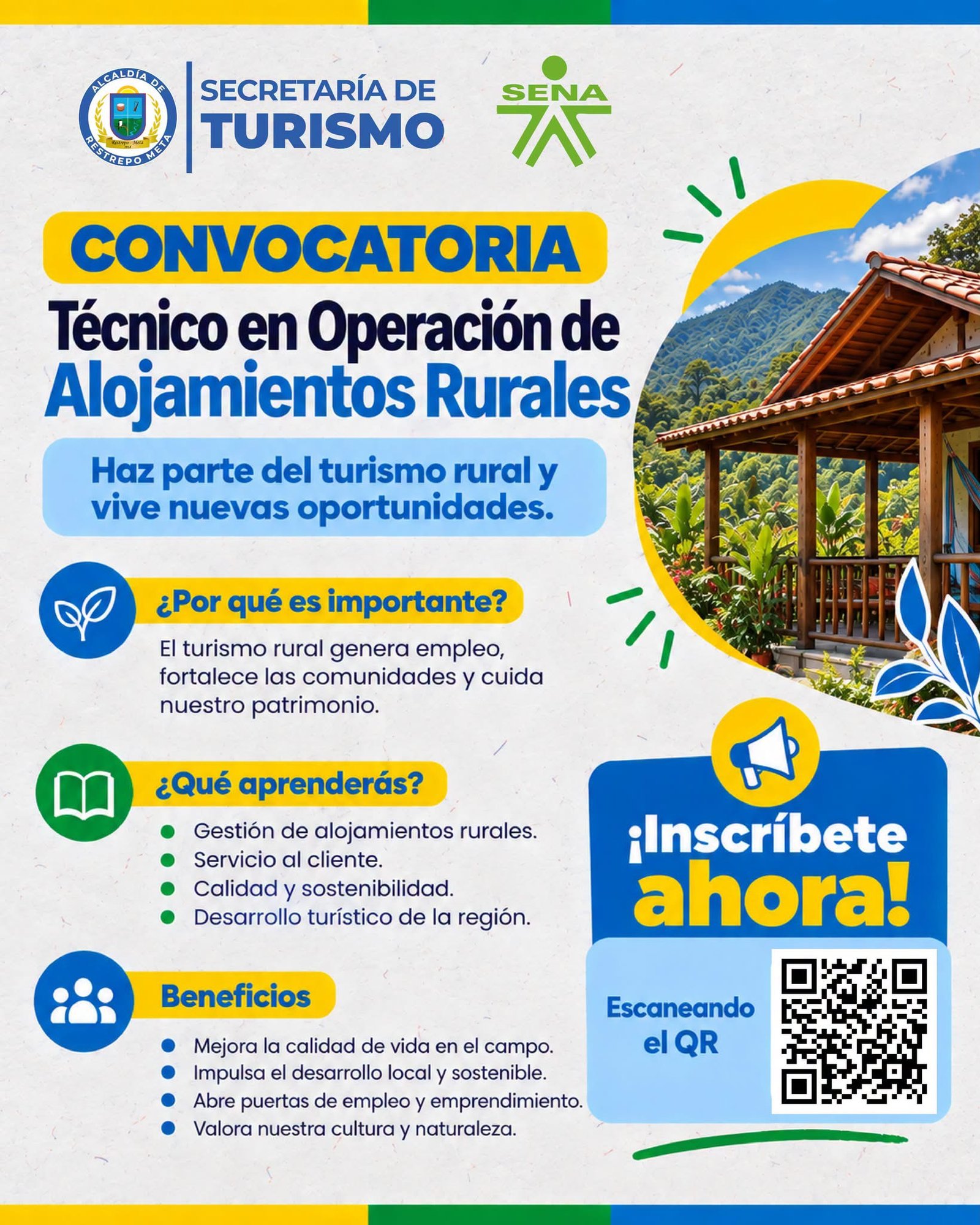 Abren convocatoria en Restrepo para formarse en operación de alojamientos rurales