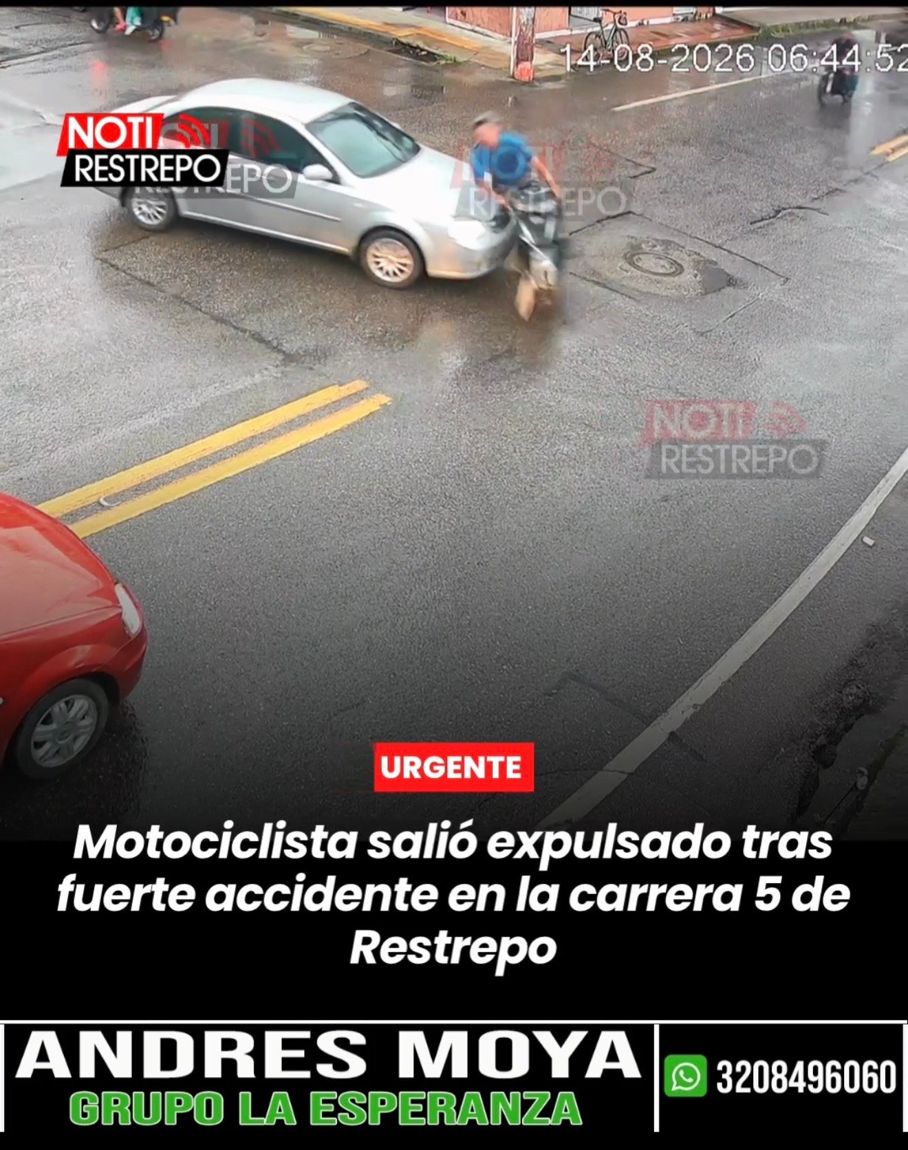 Motociclista salió expulsado tras fuerte accidente en la carrera 5 de Restrepo.